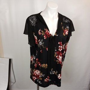 LADIES LAVISH JUNIOR PLUS TOP SHIRT BLOUSE SHORT SLEEVE BLACK FLORAL  SIZE 3XL